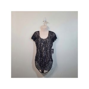 Express Black Lace See-Through Short Sleeve Bodysuit M Casual Office Evening